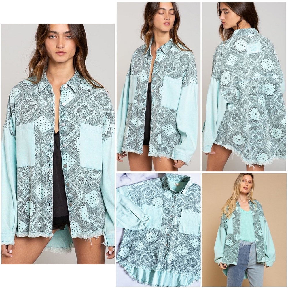 Pol Mint And Gray Patterned Jean Jacket - image 1